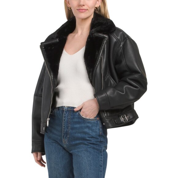 BCBGMAXAZRIA Black Missy Asymmetrical Zip Faux Shearling Lined Biker Jacket - Picture 1 of 2
